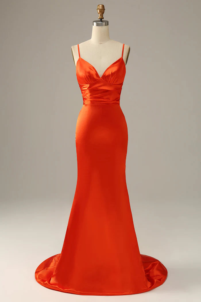 Weitese Dress Spaghetti Straps Orange V Neck Mermaid Party Dress Prom Dress